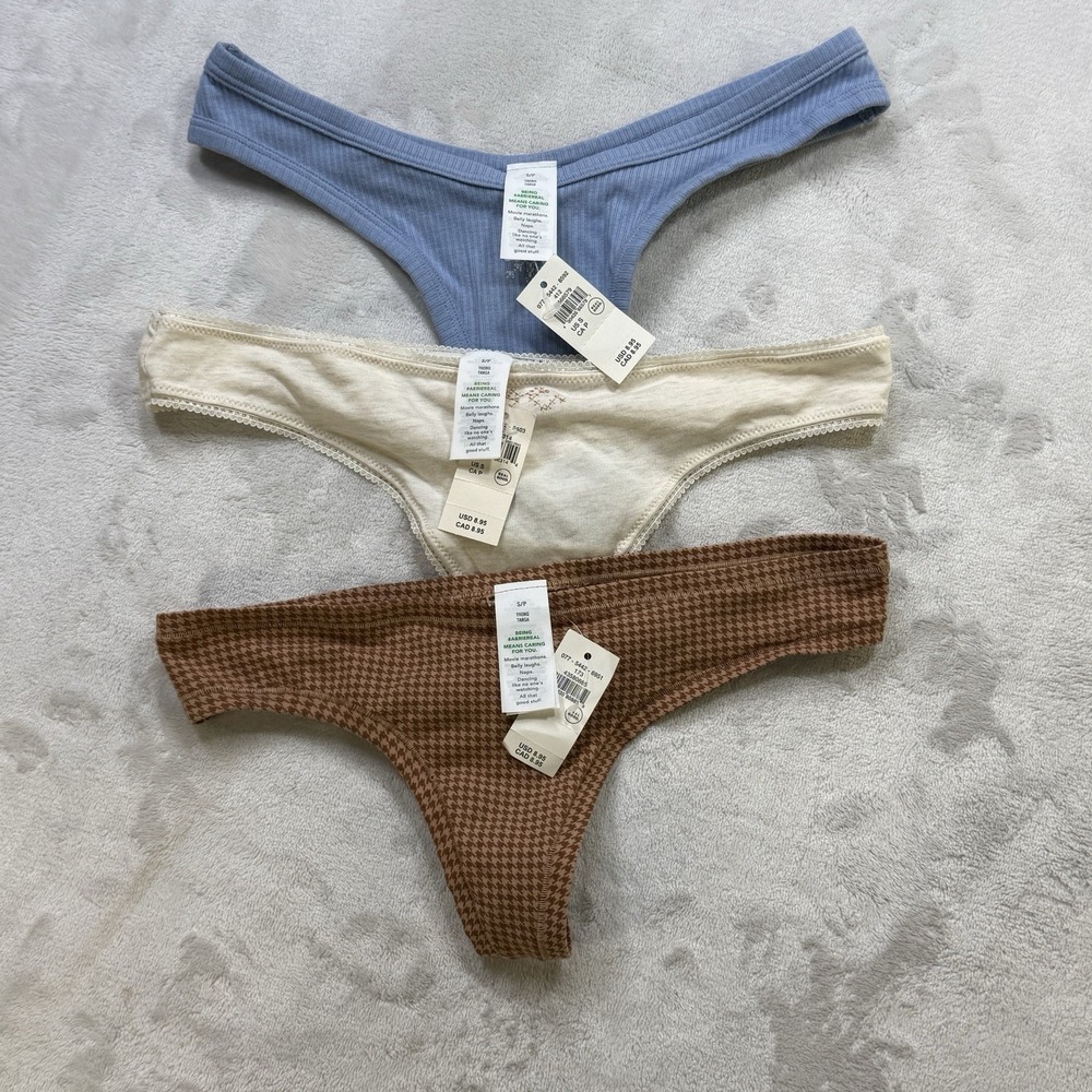 Aerie Lot of 3 Thong Panties Size Small S NWT Blue Ivory Brown Cotton Blend - Picture 5 of 9